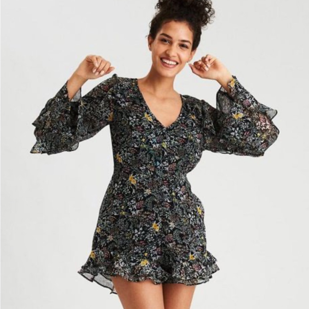 American Eagle Outfitters Floral Print Romper with Ruffles